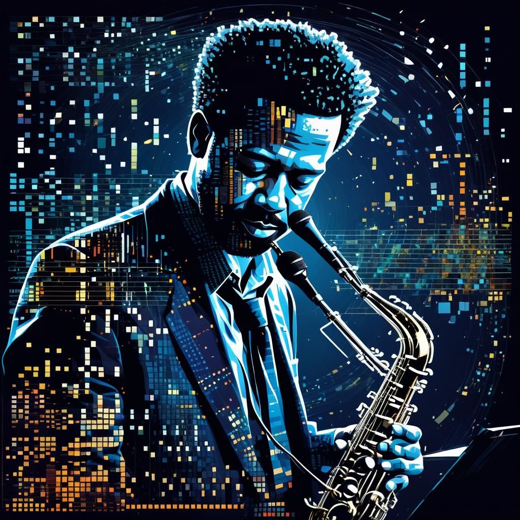 Dynamic Jazz Musician Portrait with Digital Glitches