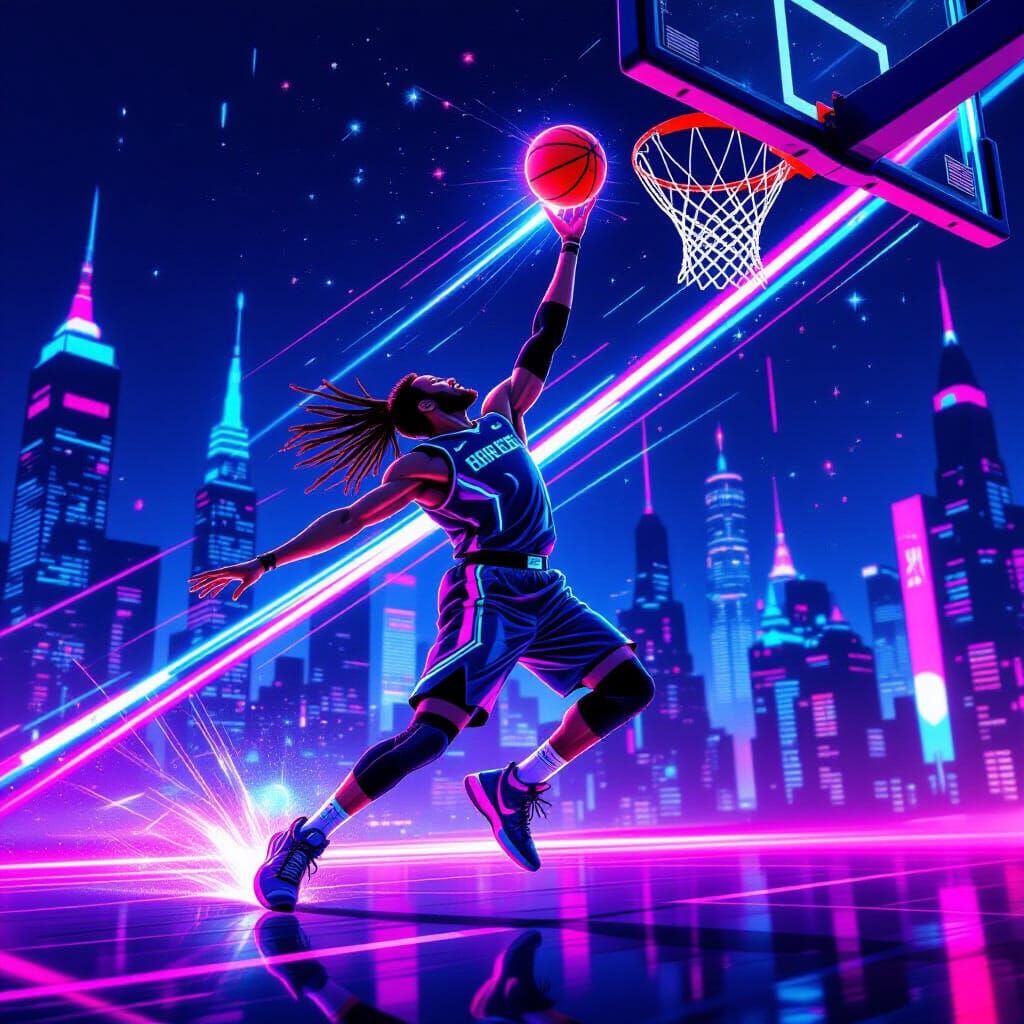 Futuristic Slam Dunk in Neon Cityscape