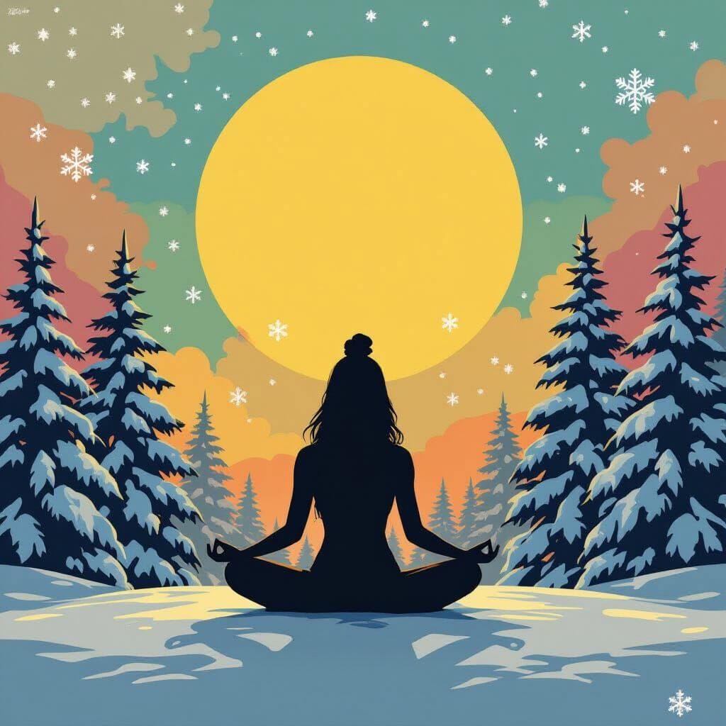 Meditating Silhouette Amidst Snowy Trees and Colorful Sky