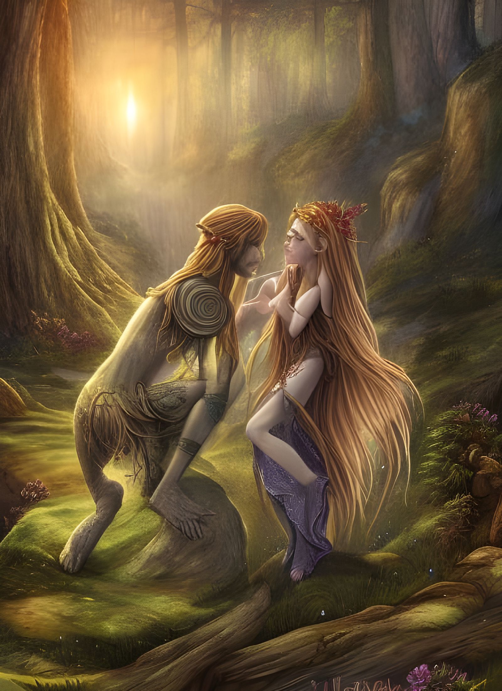 Elven Love in Fantasy Grove: Detailed Illustration