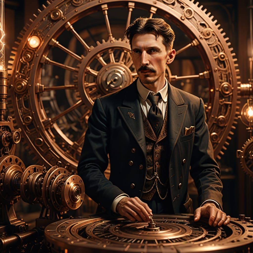 Steampunk Nikola Tesla Surrounded by Gleaming Copper