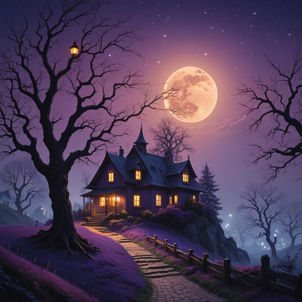 Fantasy House on Hill Under Moonlight, Matte Painting