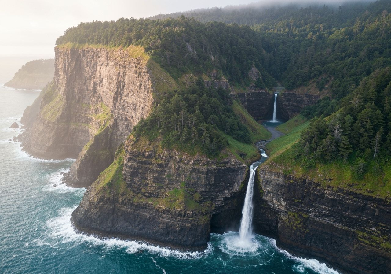 Majestic Waterfall Cascading into Ocean