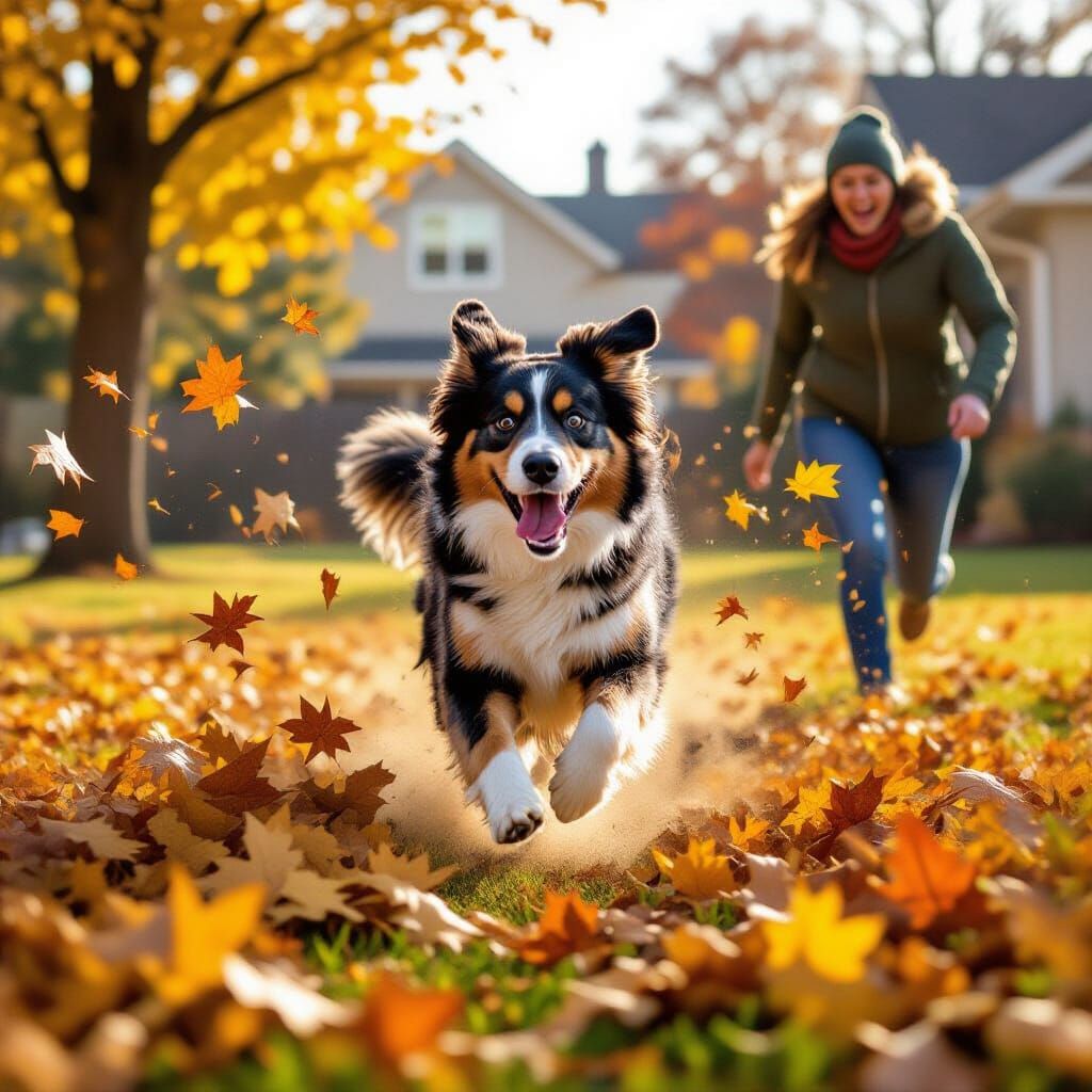 Excited Dog Joyfully Destroys Leaf Pile