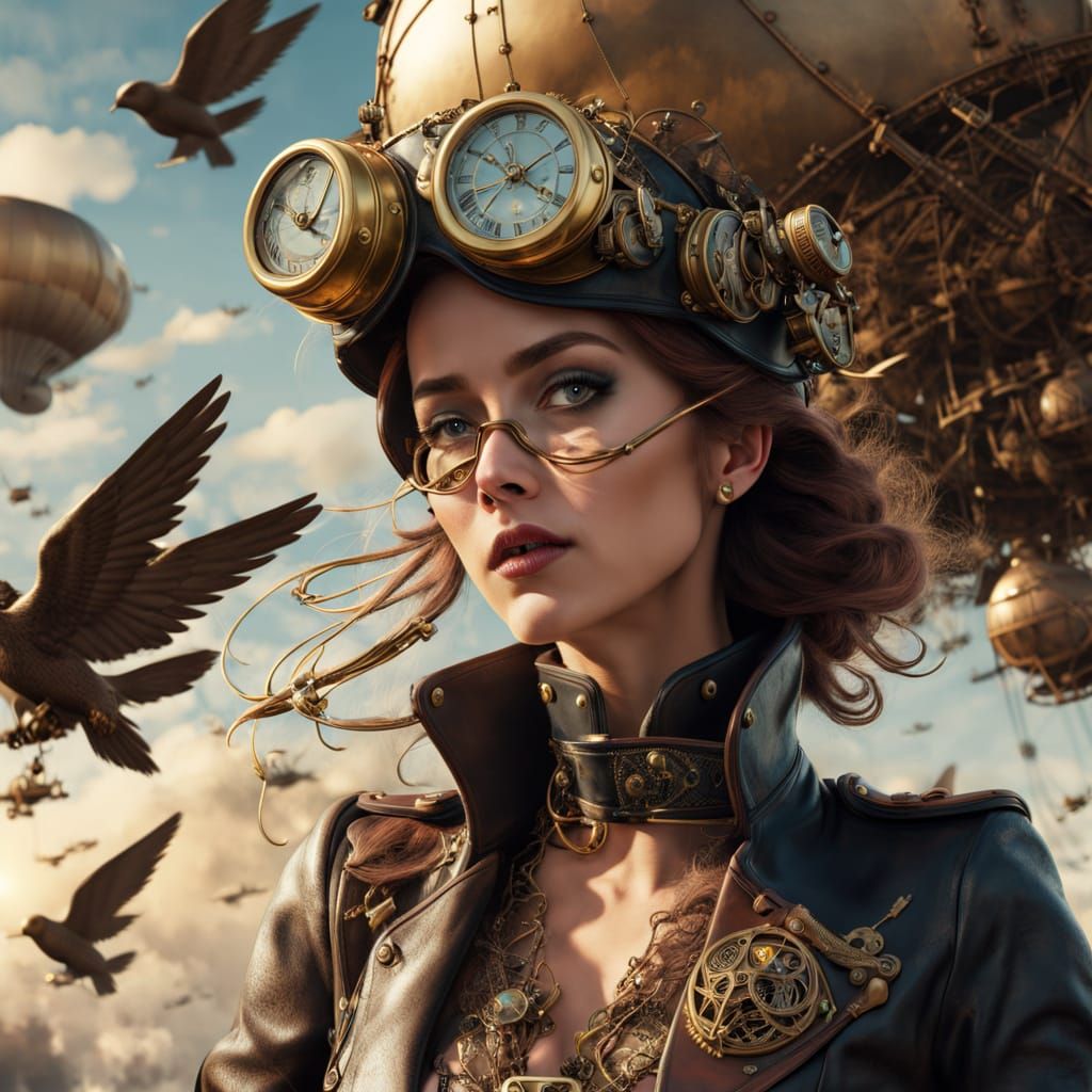 Female Aviator Navigates Steampunk Sky with Dirigibles