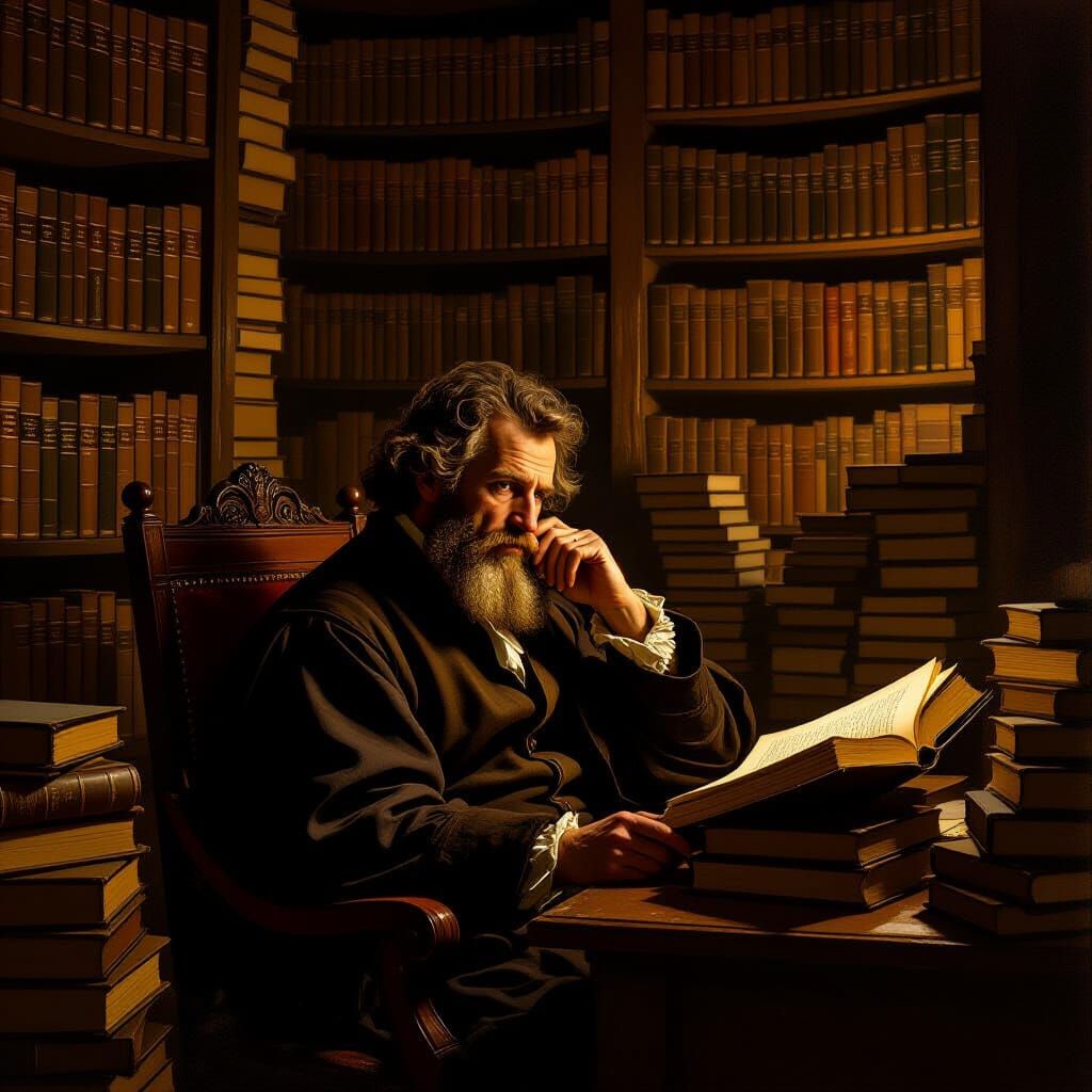 Introspective Philosopher in Library, Baroque Style