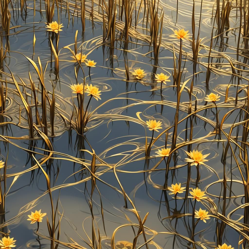 Sunlit River Reeds with Abstract Fractal Patterns