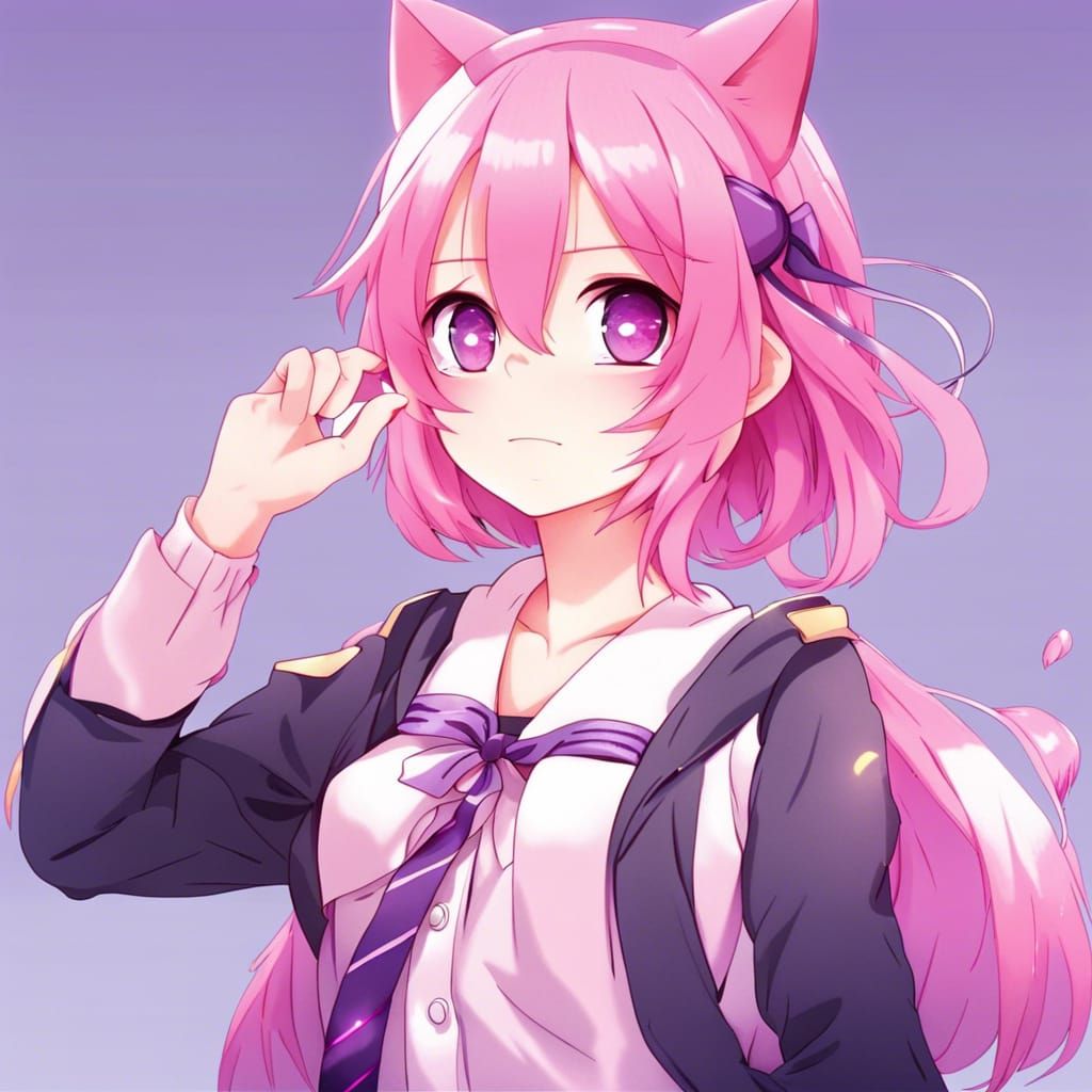 Anime Neko Girl with Pink Hair and Purple Eyes