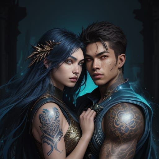 Teen Couple in Ruins with Celestial Tattoos - Splash Art Sty...