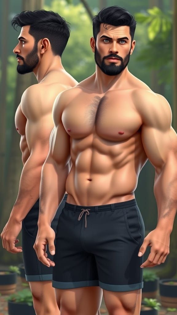 Tall, Stubble-Chinned Man Poses Shirtless in Forest