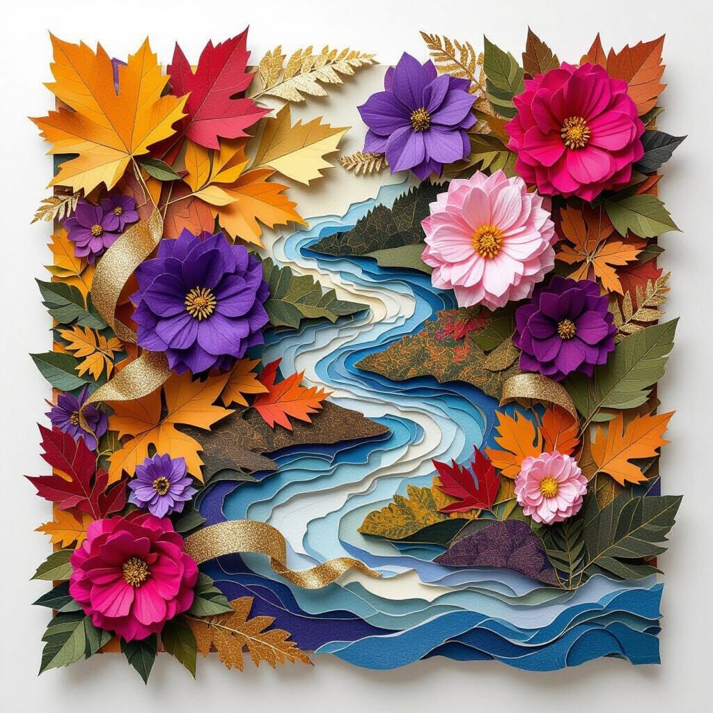 Nature's Collage: Autumn Leaves, Flowers, and Gold Ribbon