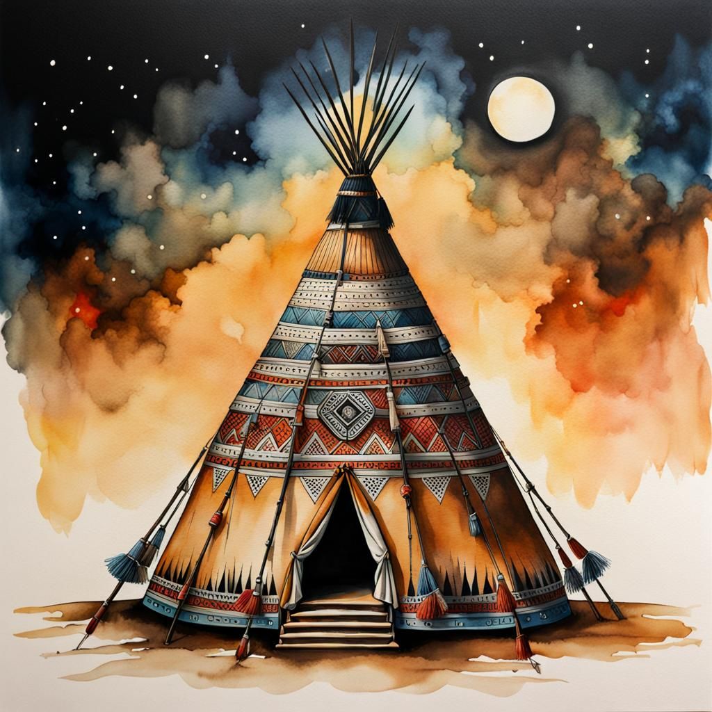 Detailed Indianic Wigwam in Ink and Watercolor