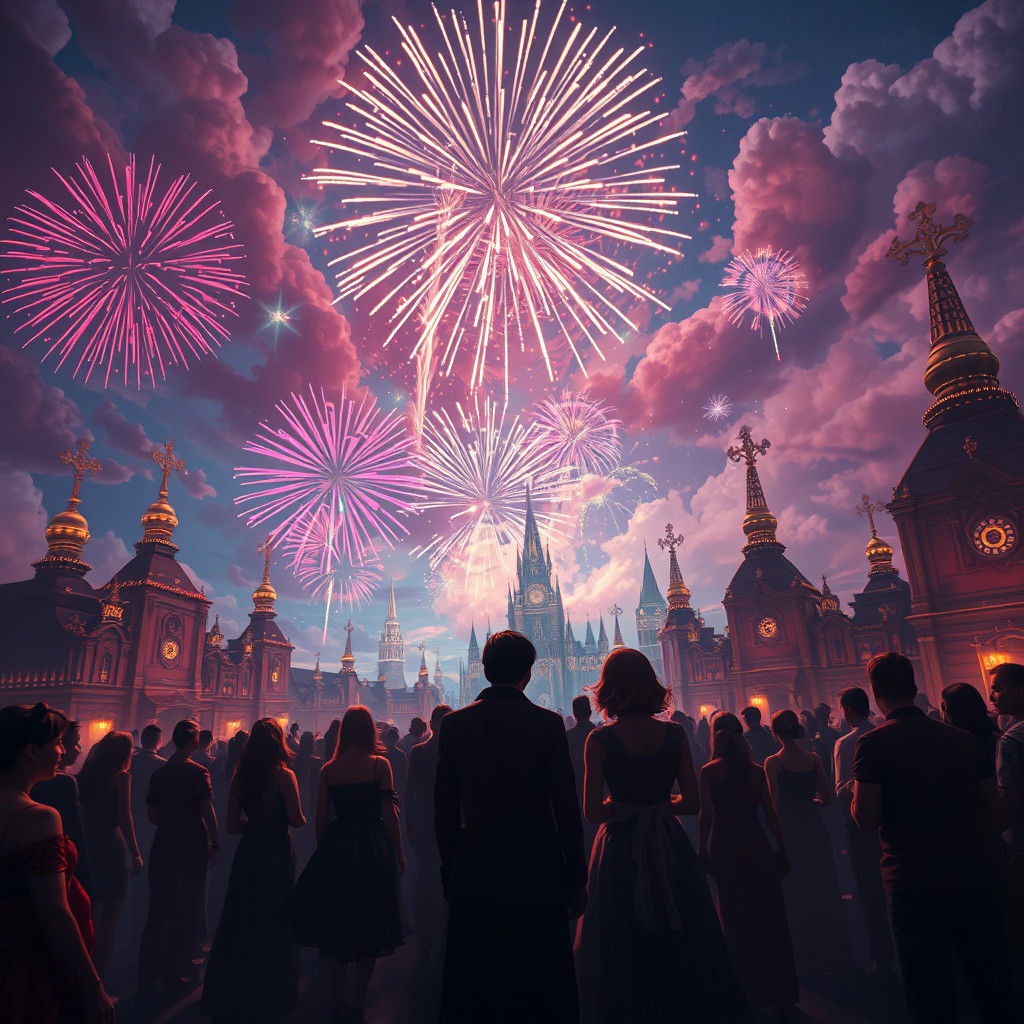 Spectacular Fireworks Display Over Mystical Cityscape