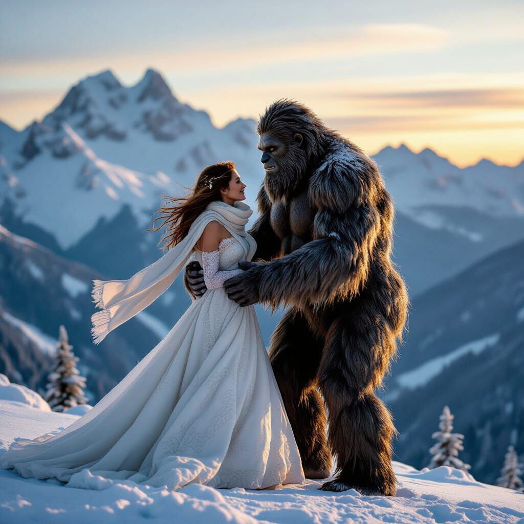 Bigfoot Carries Beloved on Snowy Ledge - Golden Hour Romance