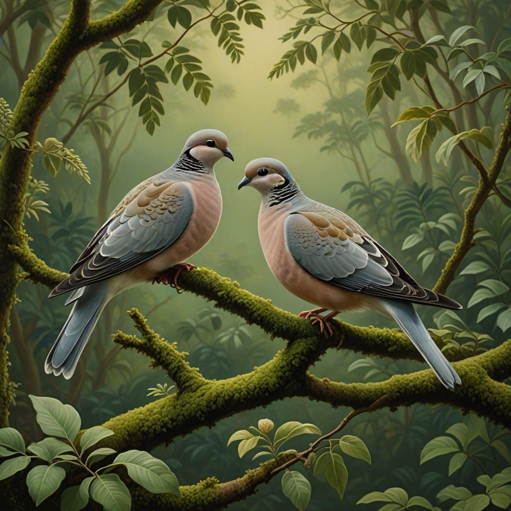 Serene Turtle Doves in a Dreamy Landscape