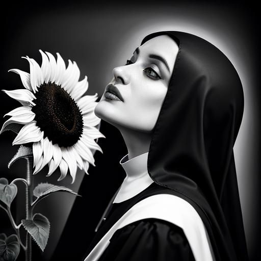 Surreal Black and White Photo of Nun Kissing Sunflower
