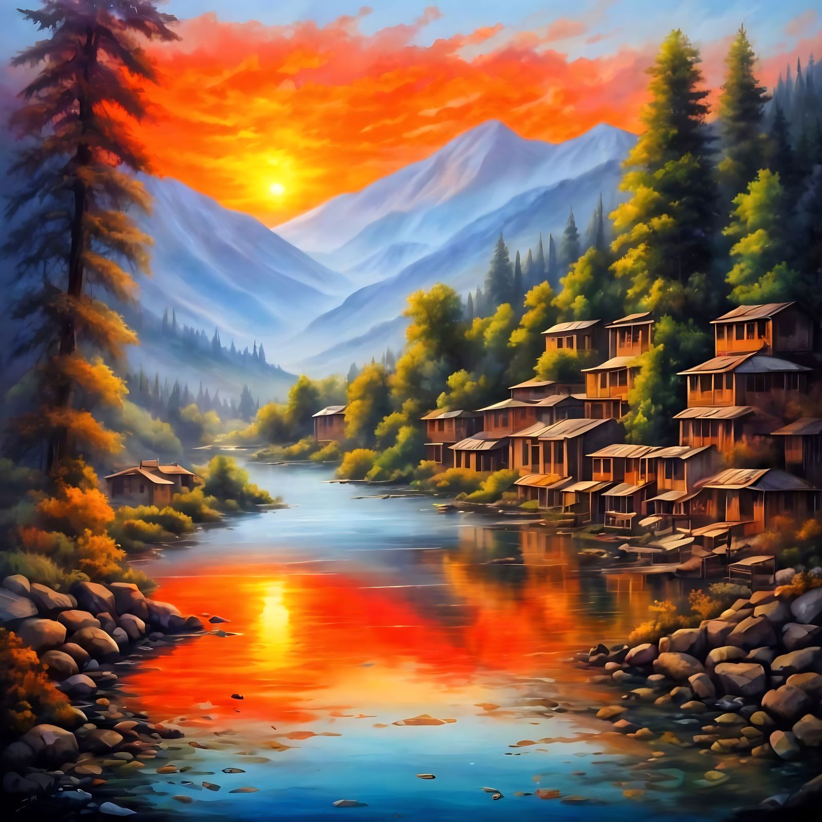 Fiery Sunset Over Ancient Village in Oil Painting Style