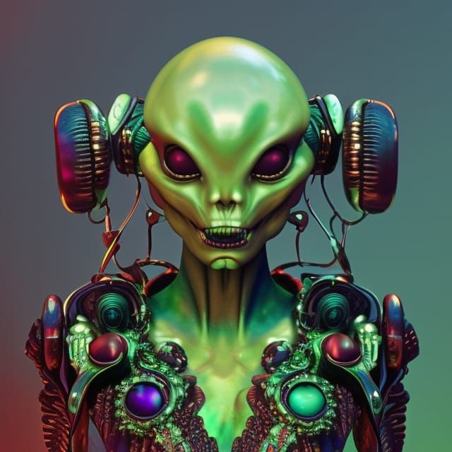 Alien DJ in Watermelon Night, Fantasy Sci-Fi Art