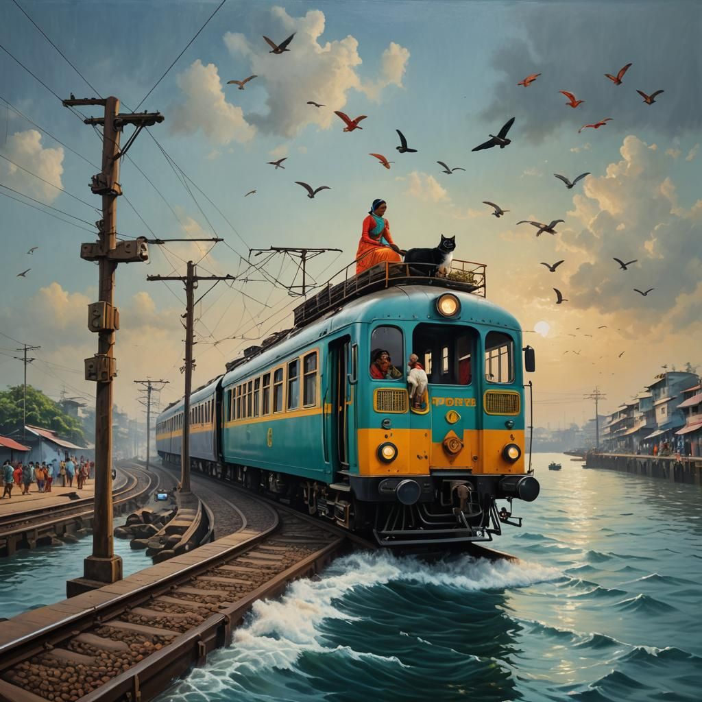 Hyperrealistic Woman and Cat Flying Train Near Mumbai