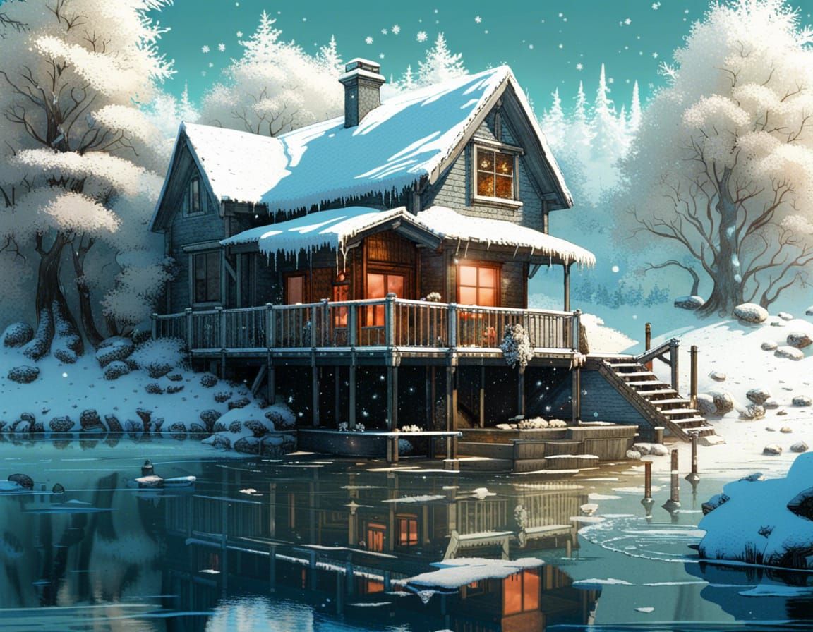 Icy Winter Lake House in Fantasy Style
