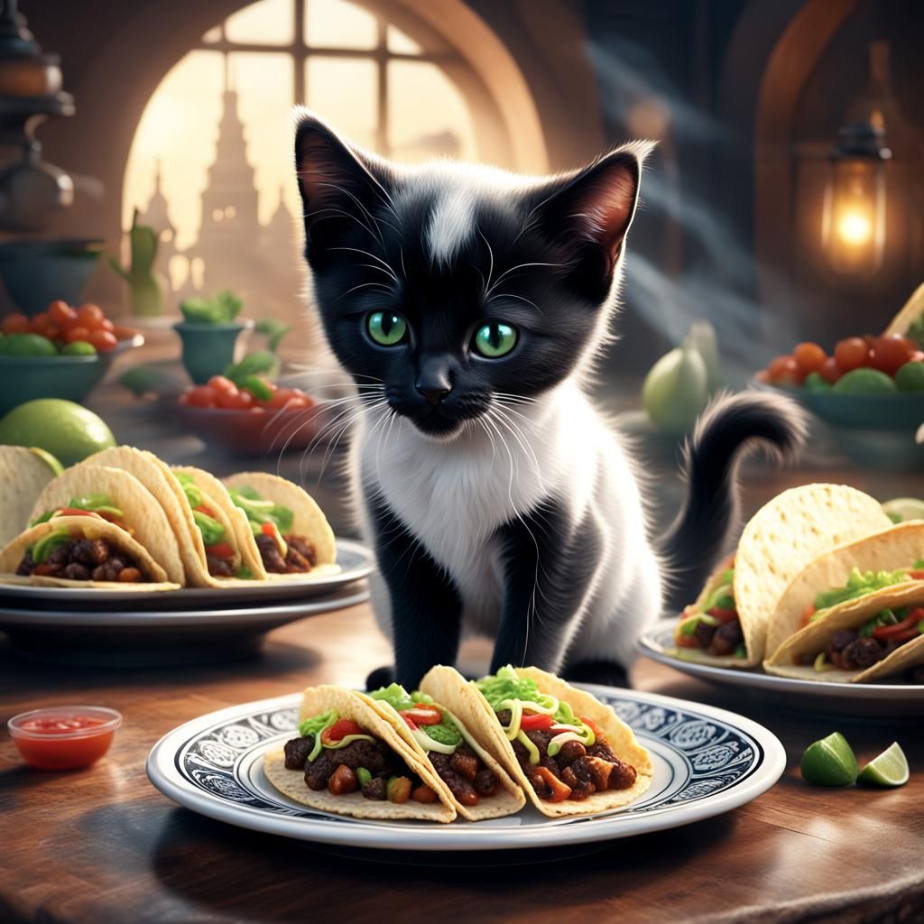 Kitten Sniffs Tacos: Digital Matte Painting