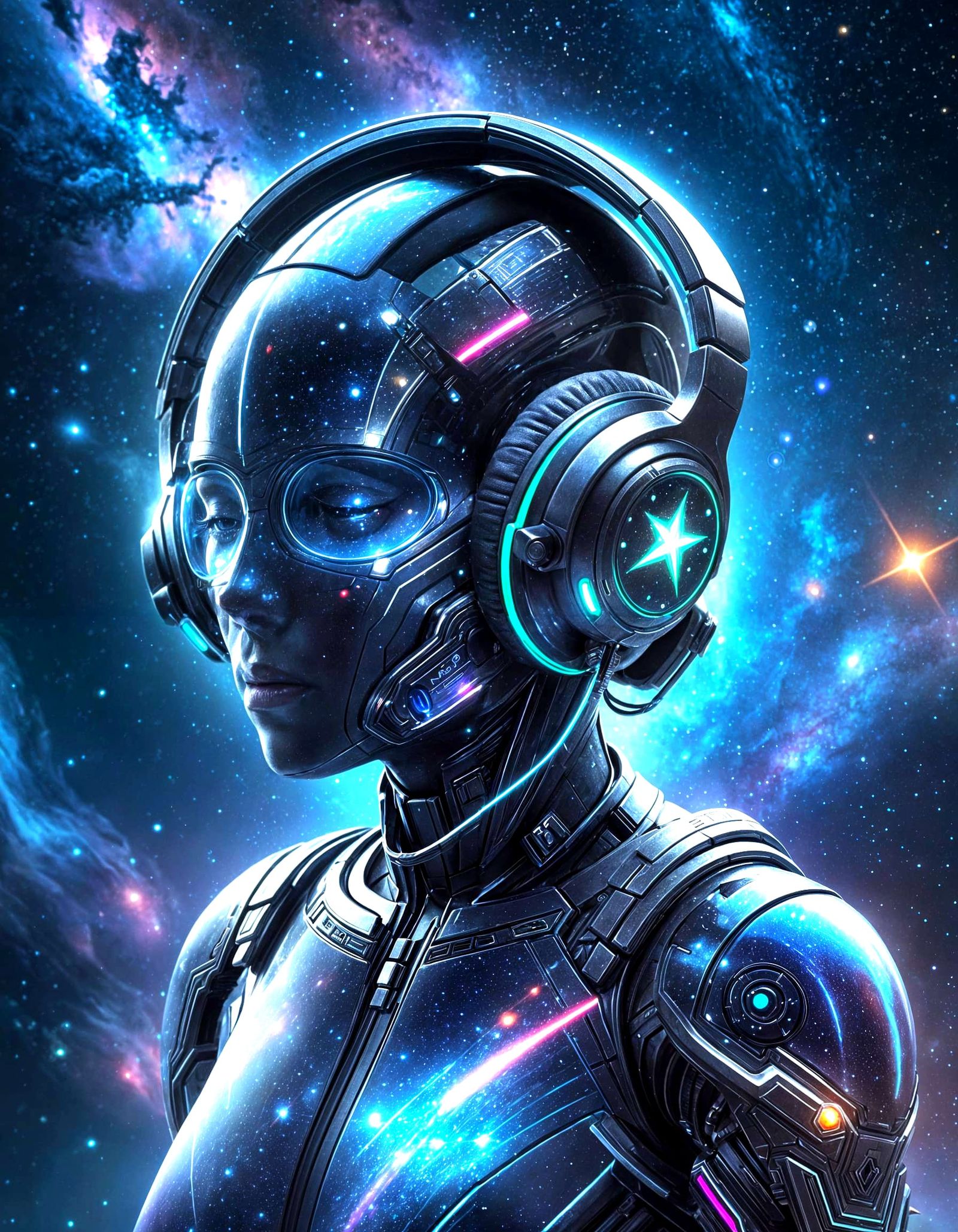 Celestial Figure with Headphones in Space