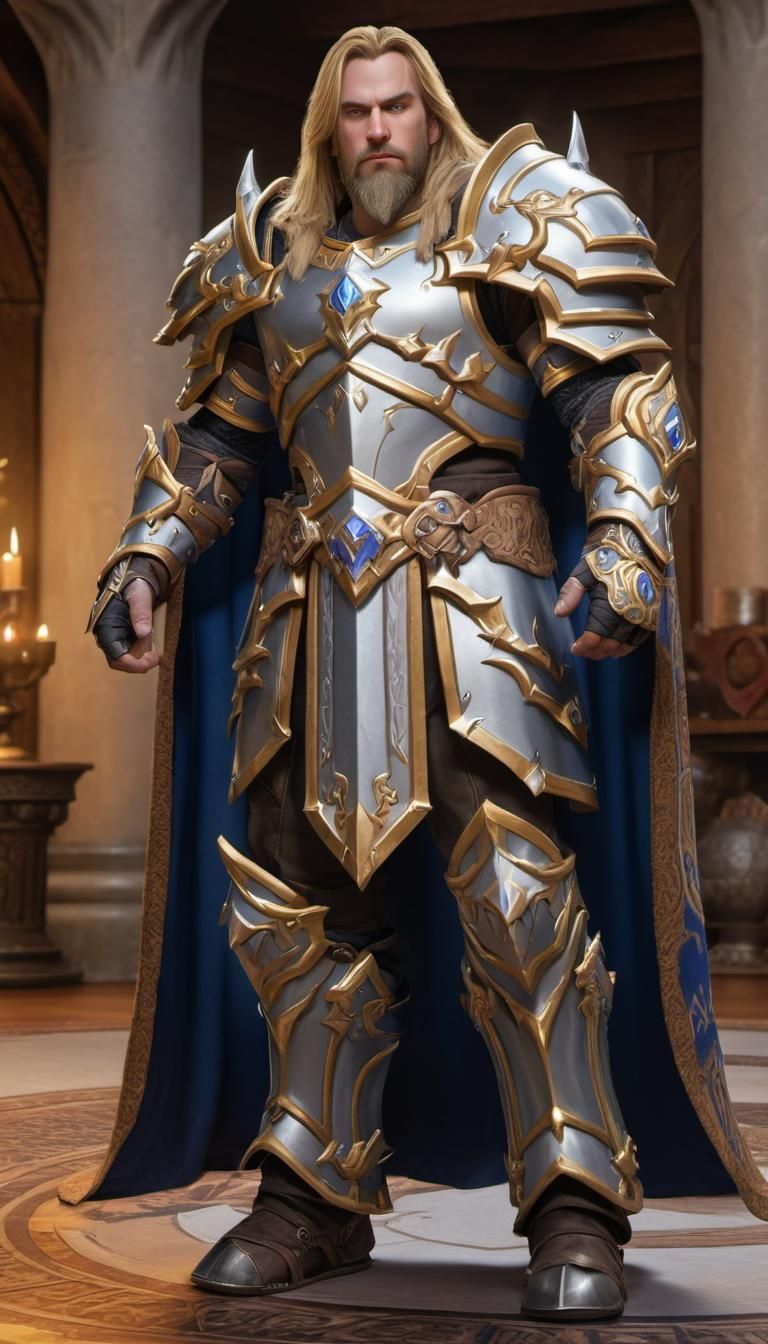 Hyperrealistic Paladin in Warcraft Style Throne Room