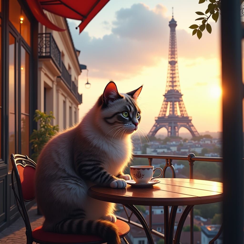 Parisian Cat Sipping Coffee, Eiffel Tower View
