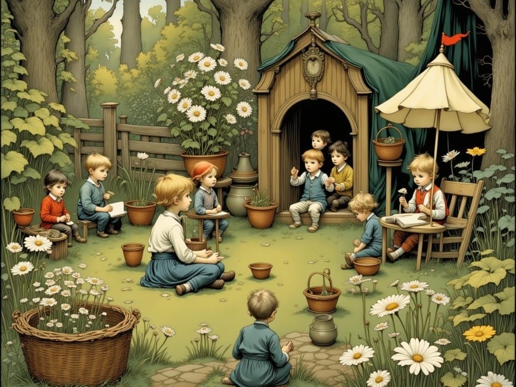 Children's Circus Performance in Garden, Storybook Style