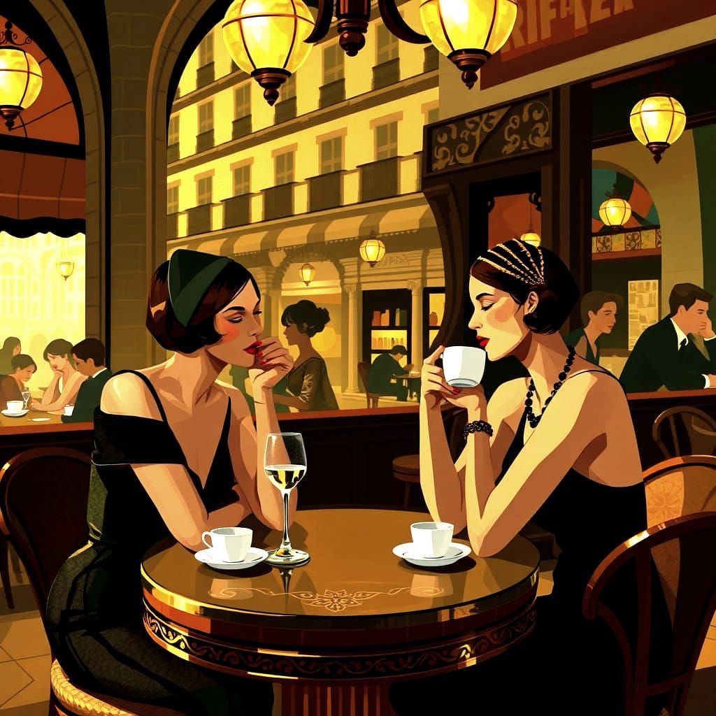 Women in Cubist Cafe Scene, Parisian Chic