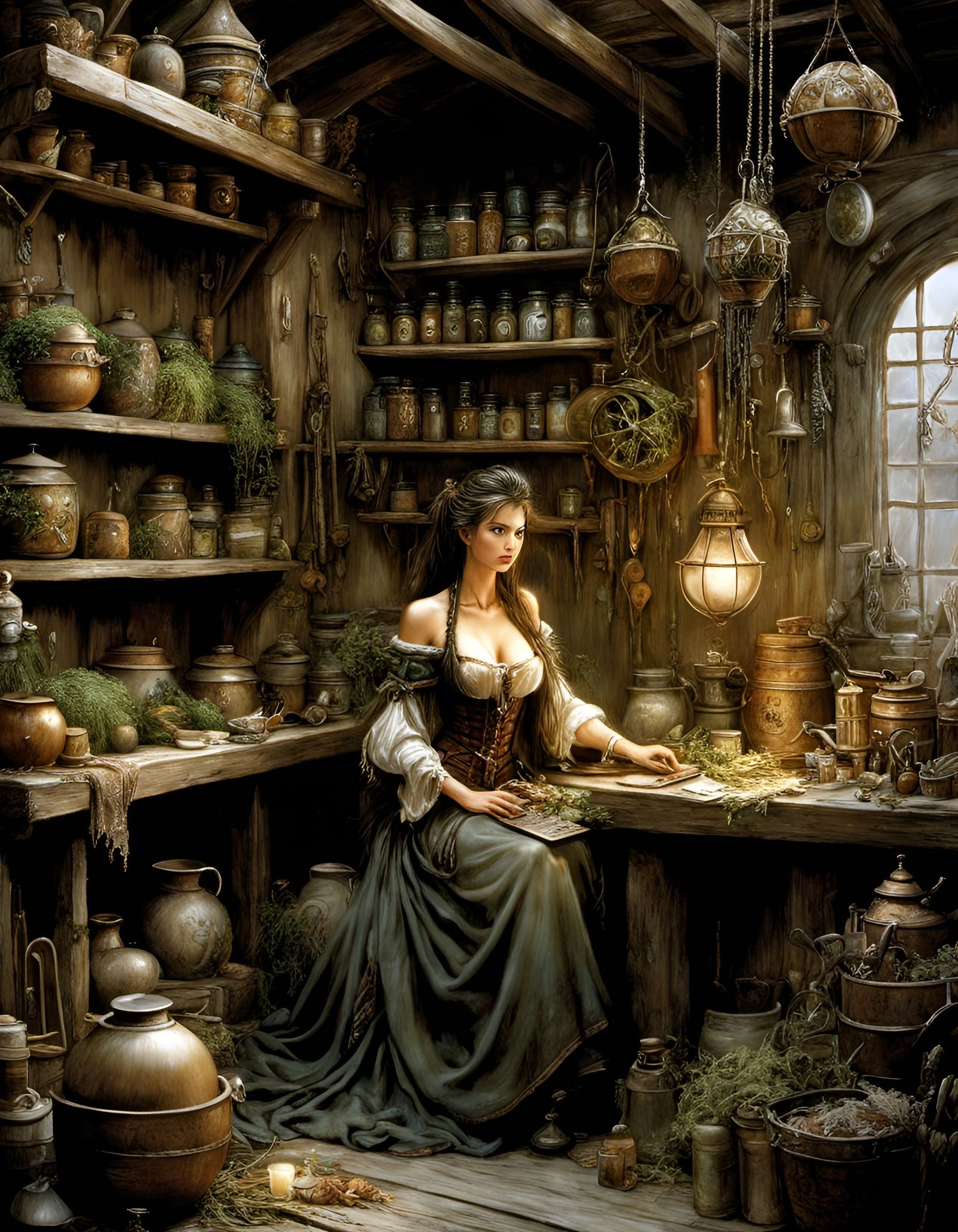 Female Herbalist in Shack, Fairytale Illustration
