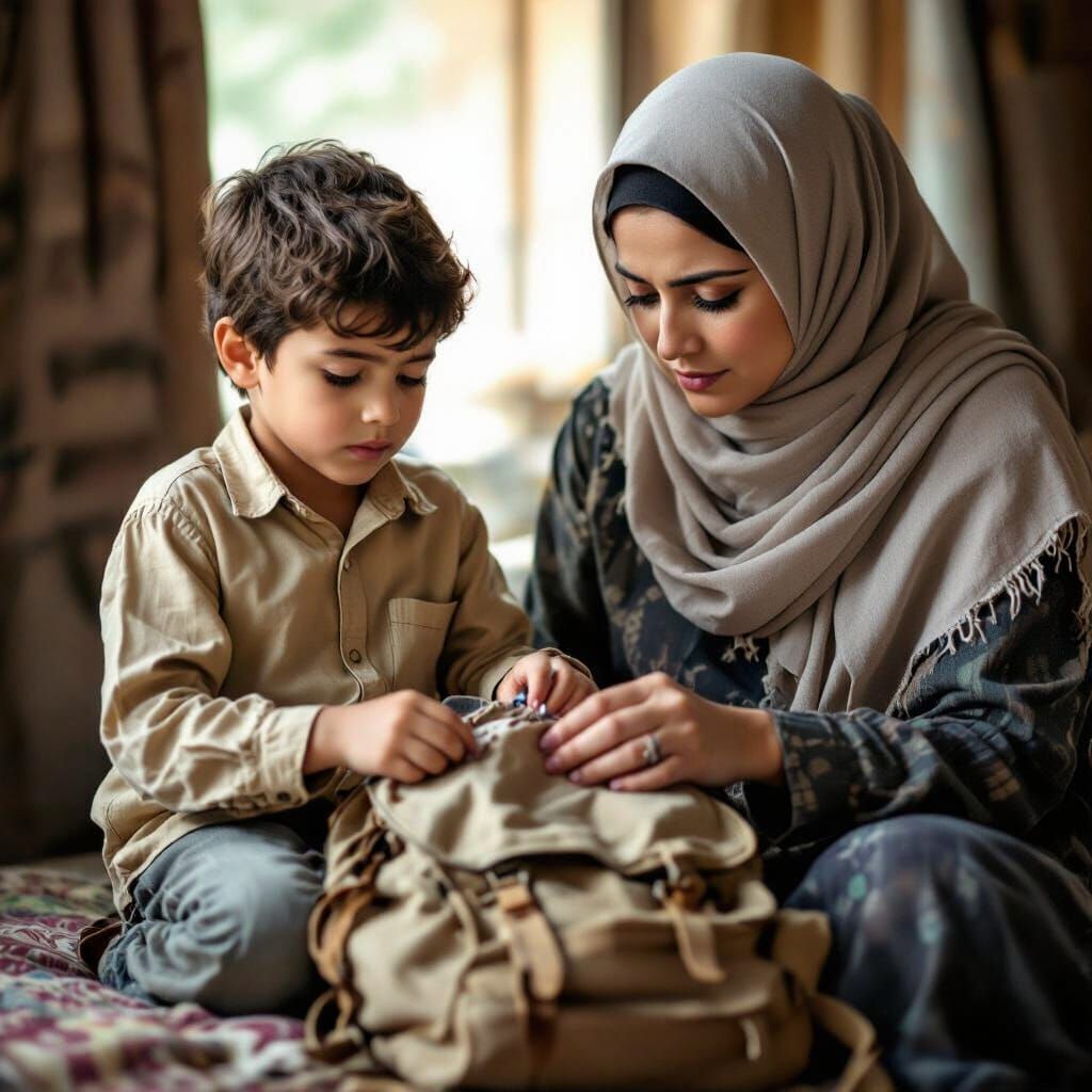 Touching Portrait of a Boy and Mother Sewing