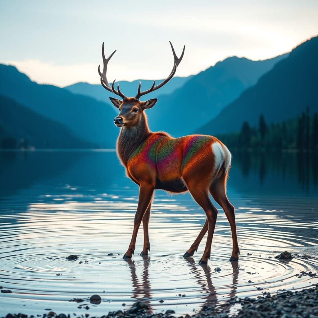 Stag in Vibrant Hues Beside Serene Lake