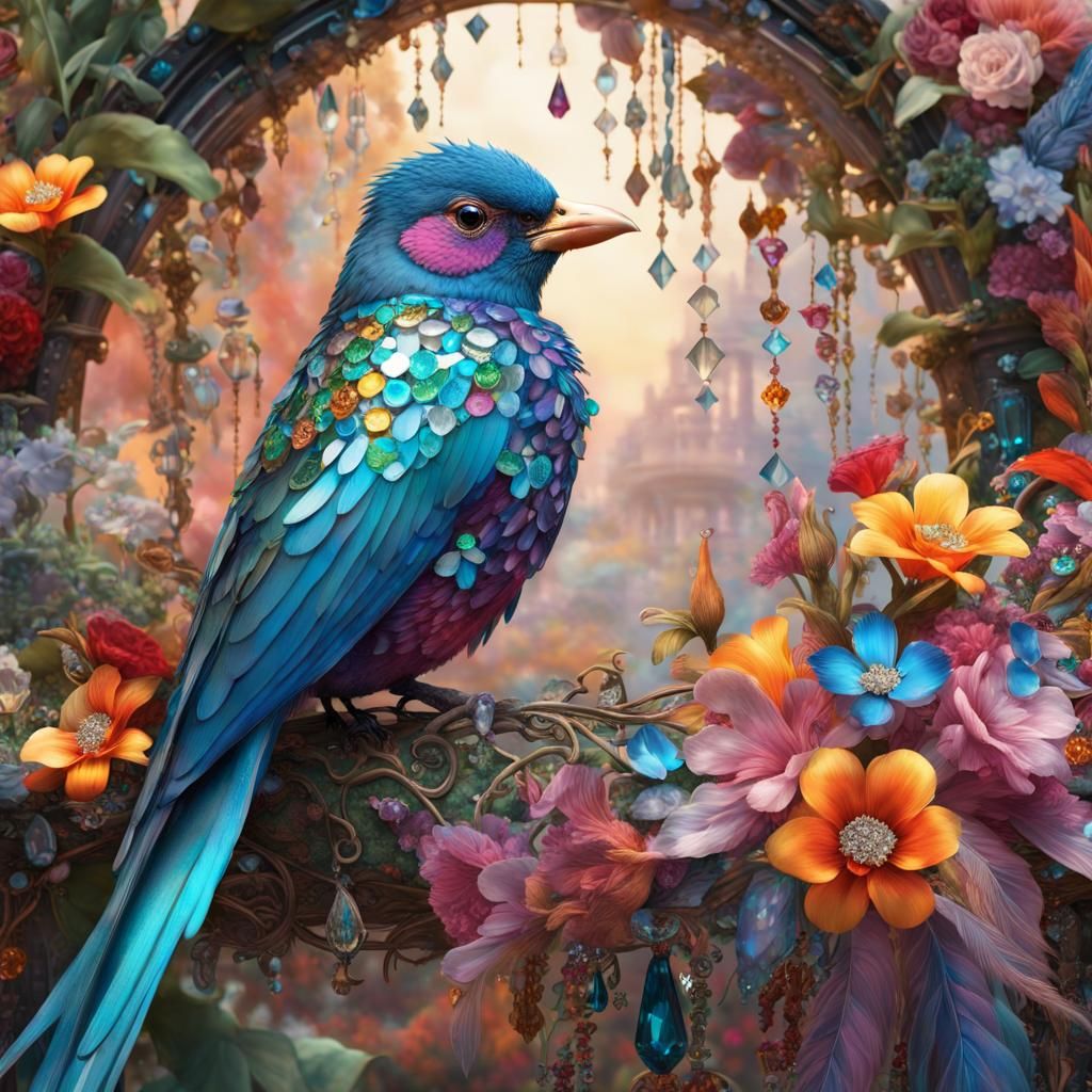 Jeweled Bird in Floral Nest, Psychedelic Art