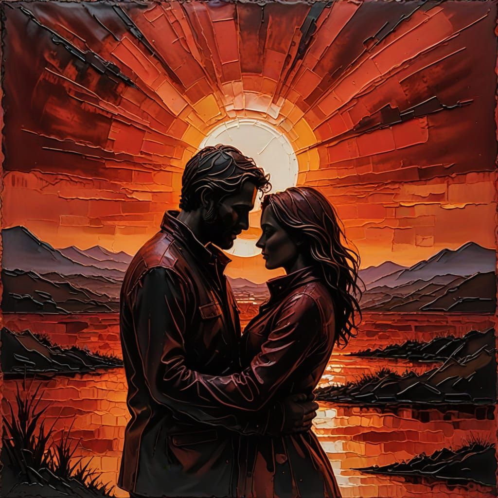 Romantic Couple Embrace in Encaustic Impasto Painting