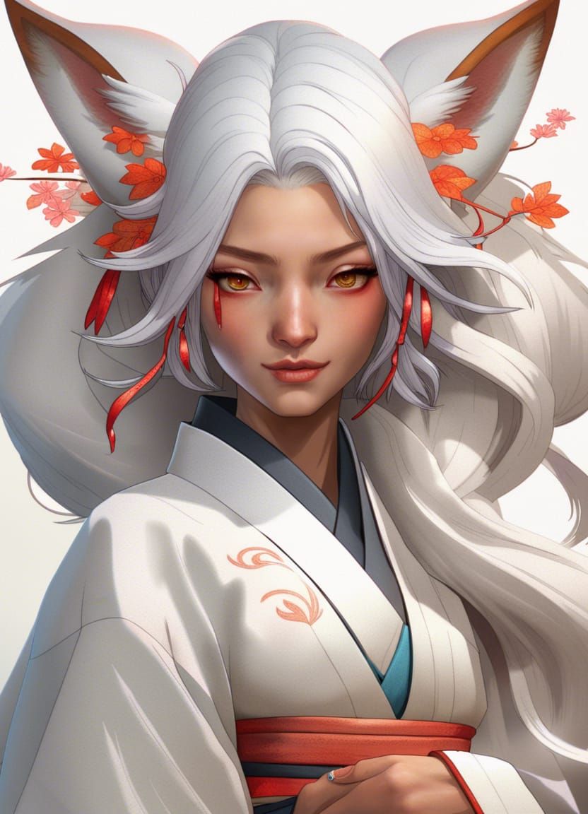 Kitsune Portrait in Japanese Kimono, Hyperdetailed Art