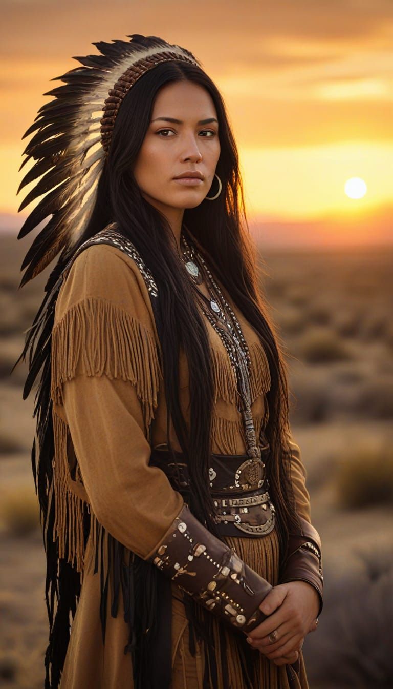 Native American Woman in Wild West Setting, Oil Painting Sty...