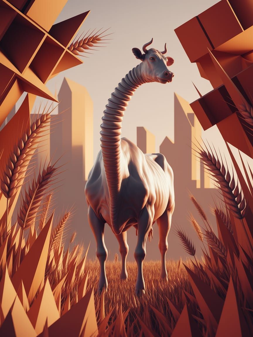 Surreal Cow with Twisted Neck in Bauhaus Style