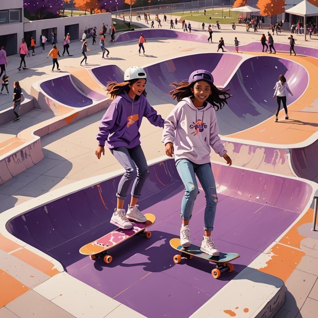 Girls Skateboarding in a Colorful Skate Park Illustration