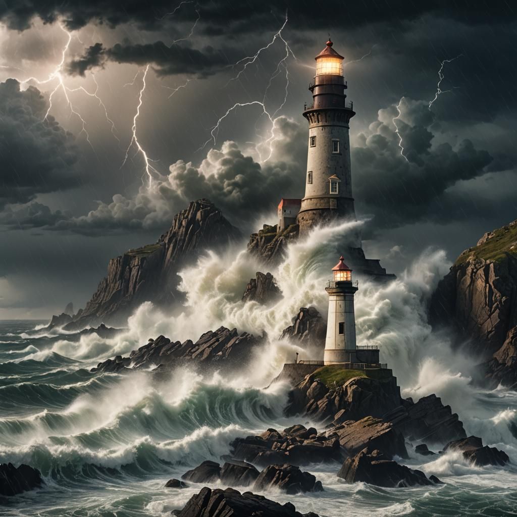 Lighthouse Struck by Lightning in Stormy Seas