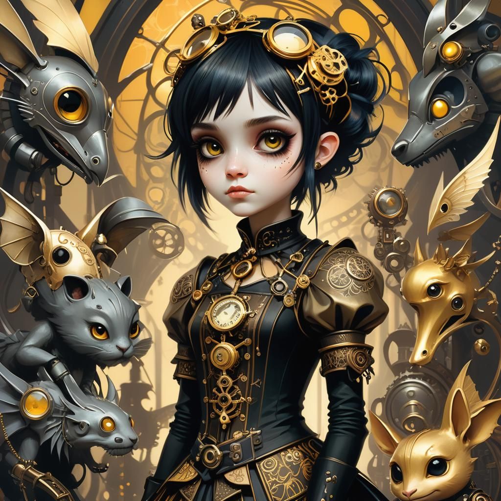 Emo Pixie Girl with Steampunk Creatures, Digital Art