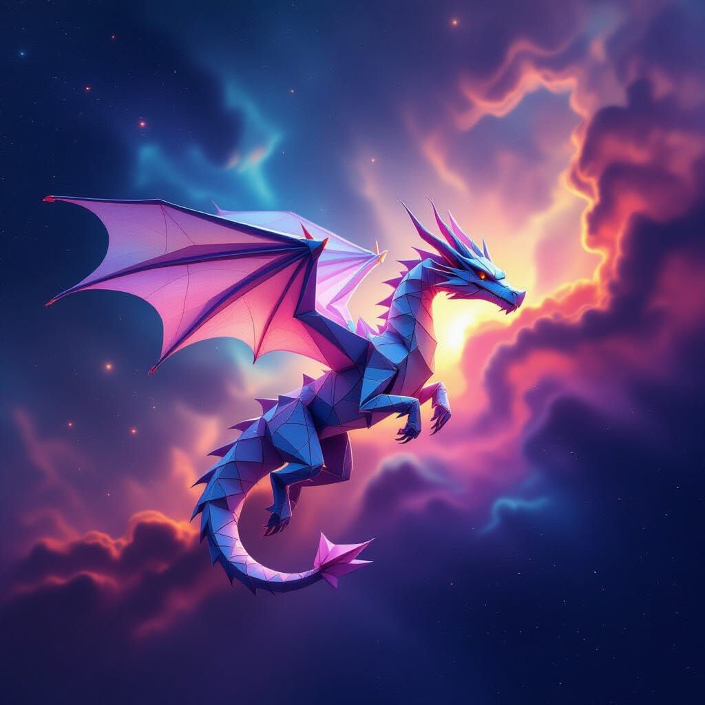 Origami Dragon Soars Through Colorful Nebula
