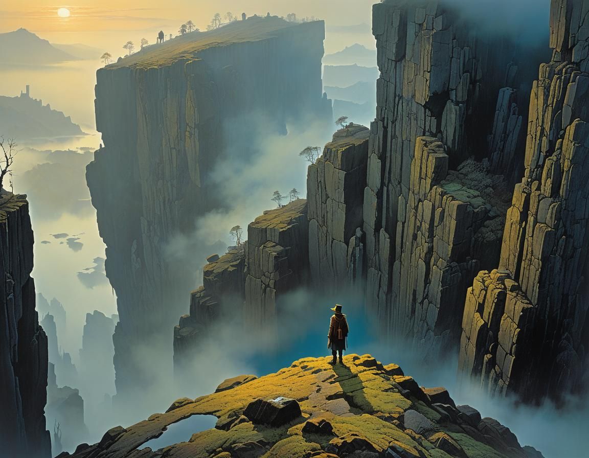 Surreal Landscape Above Basalt Lake in Morning Fog