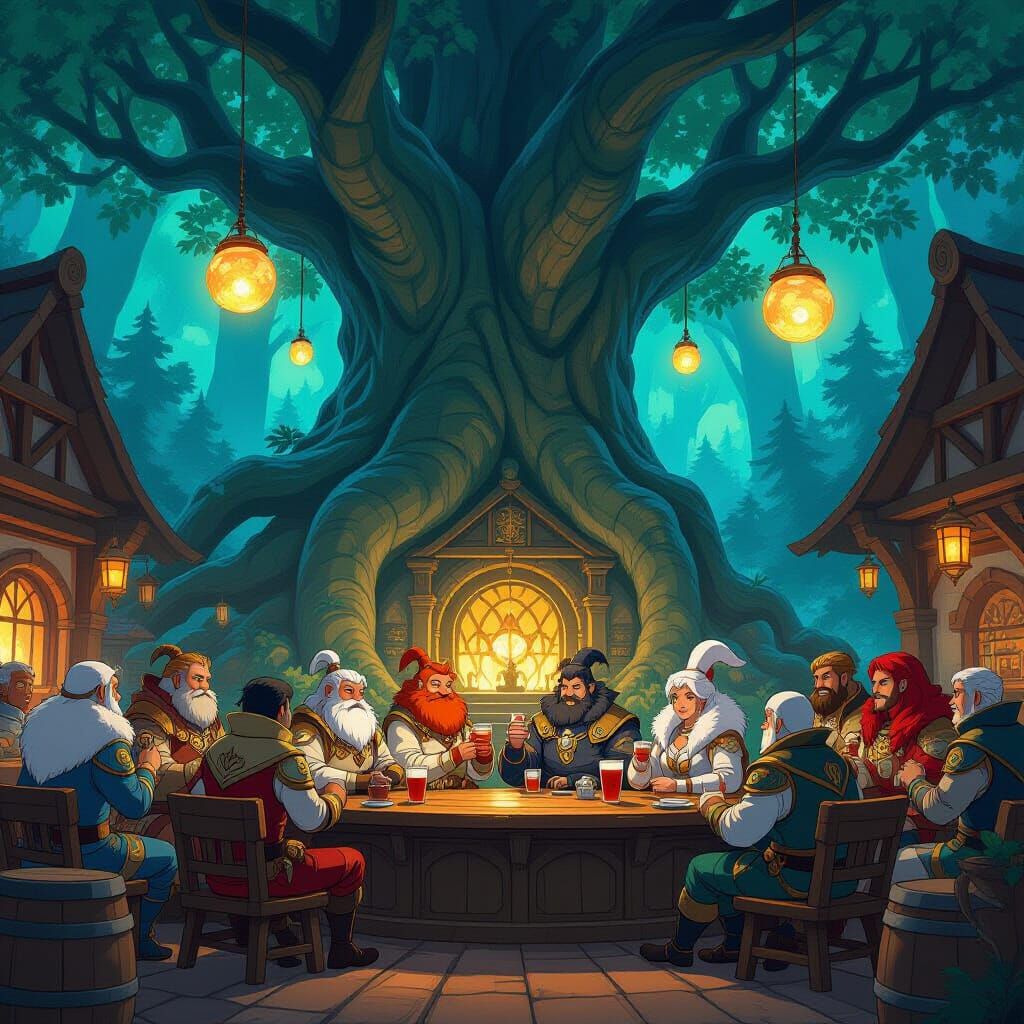 Fantasy Tavern with Spacefarers and Mythological Beings in A...