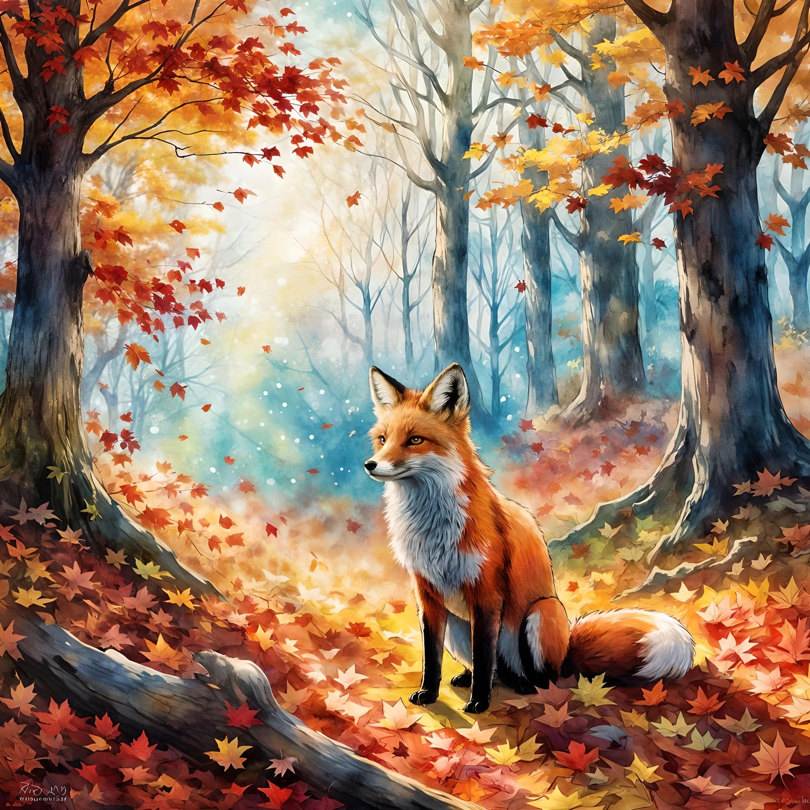 Fox in Autumn Glade: Rackham and Kinkade Style