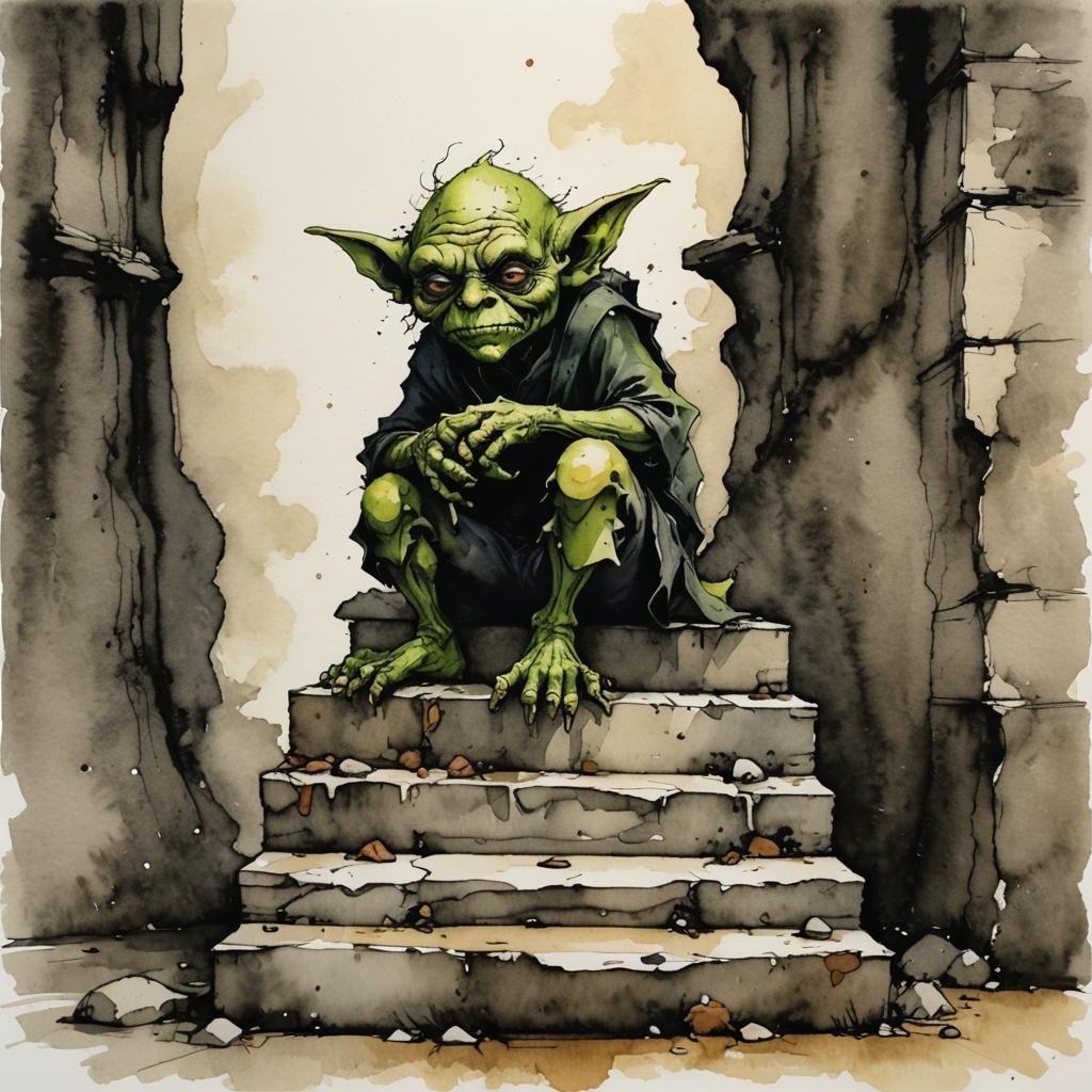 Goblin on Step in Watercolor Wash Style