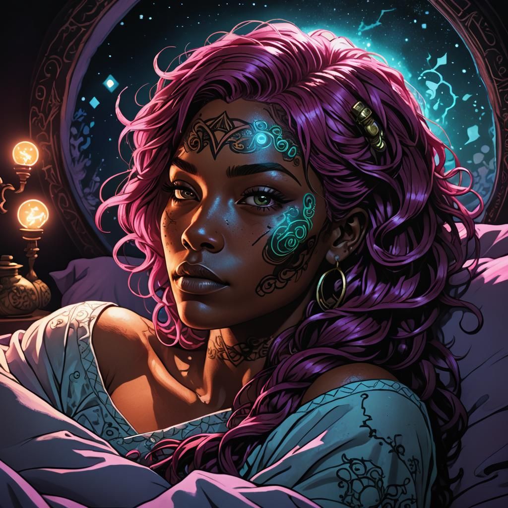 Bioluminescent Comic Art: Magenta-Haired Woman