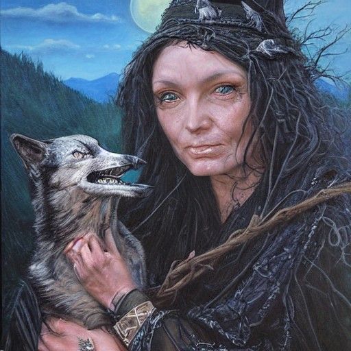 Enchanting Witch with Raven and Wolf, Oil Painting