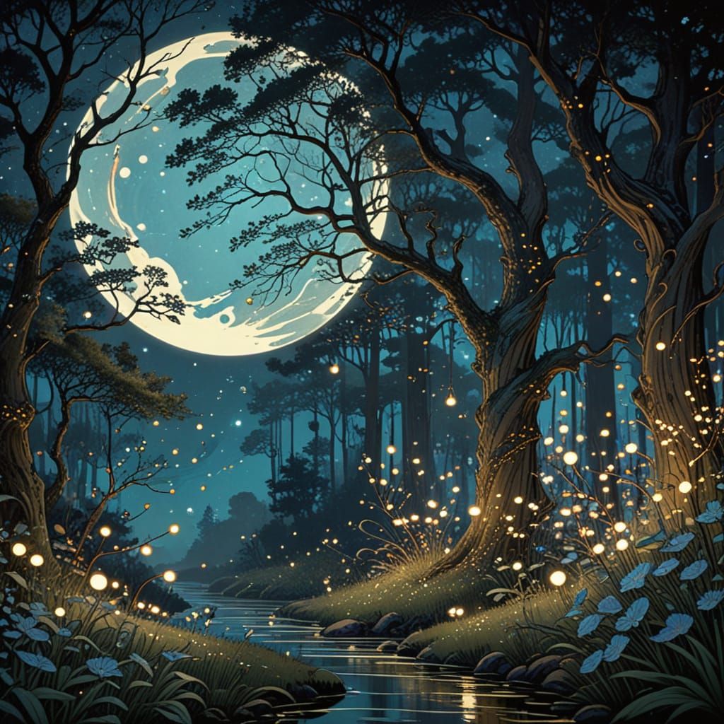 Whimsical Art Nouveau Landscape Under Full Moon