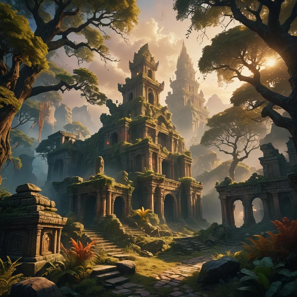 Mystical Creatures in Ancient Ruins: Fantasy Landscape